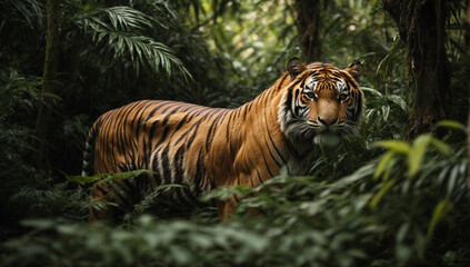 Majestic tiger camouflaged in the jungle foliage - AI Generative