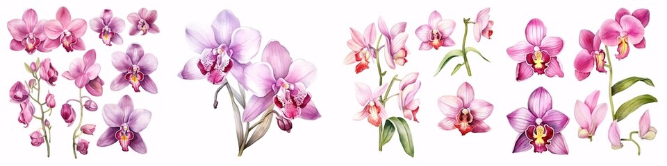 Fototapeta na wymiar A watercolour illustration of an orchid, isolated against a white background.