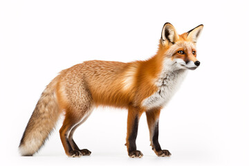 Obraz premium A lonesome Red fox in profile against a plain backdrop is captured in an image.