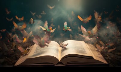birds flying off the pages of an old book, Generative AI