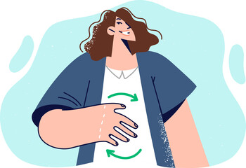 Symbol digestive system on stomach woman rejoicing at good microbiota that affects digestibility