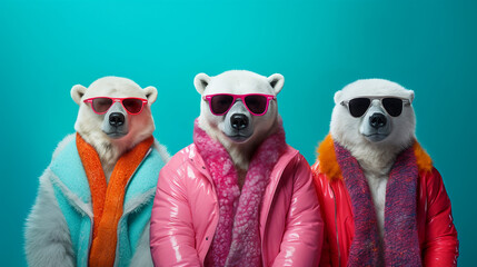 Group of three anthropomorphic polar bears with sunglasses and colorful winter clothing isolated on light blue background