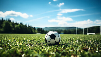 Close-up of a soccer ball in the green grass, a cloudy sky can be seen in the background, no people