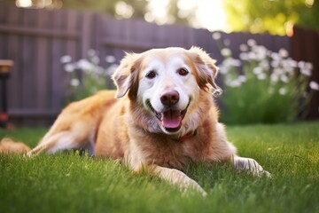 a senior dog laying in the grass in a backyard smiling at the ca, Generative AI