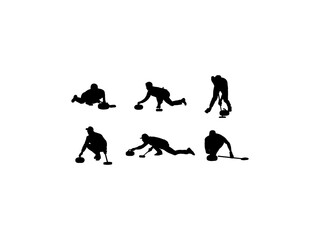 Set of Curling Player Silhouette in various poses isolated on white background