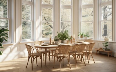 A Sunlit Dining Room with a Large Bay Window.