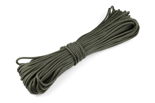 Olive-colored paracord cord. A skein of lace.
