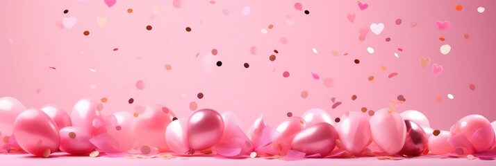 Banner with Delicate pink party background with balloons and scattered confetti - obrazy, fototapety, plakaty