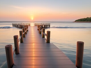 Fototapeta premium Wooden pier on the beach at beautiful sunset in the evening