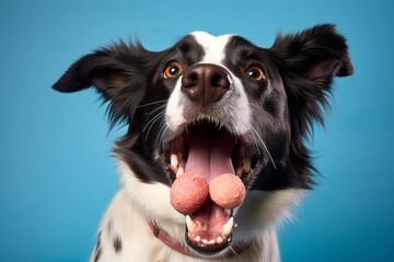 border collie catching a treat with a wide open mouth in a studio shot isolated on a blue background, Generative AI