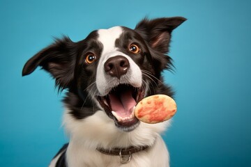 border collie catching a treat with a wide open mouth in a studio shot isolated on a blue background, Generative AI
