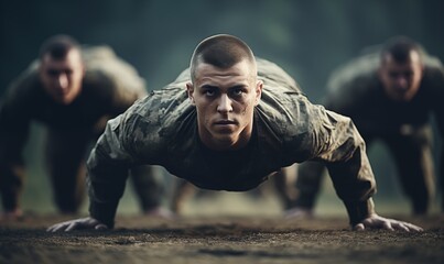 Soldiers doing pushups in military boot camp, army training