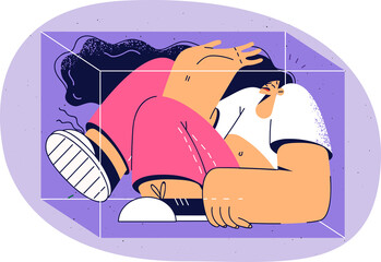 Stressed woman locked in cube