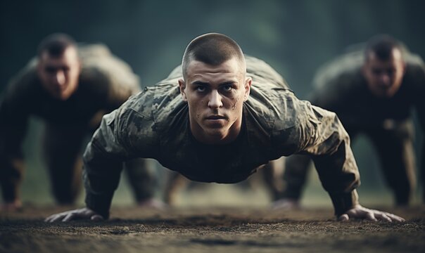 Soldiers doing pushups in military boot camp, army training