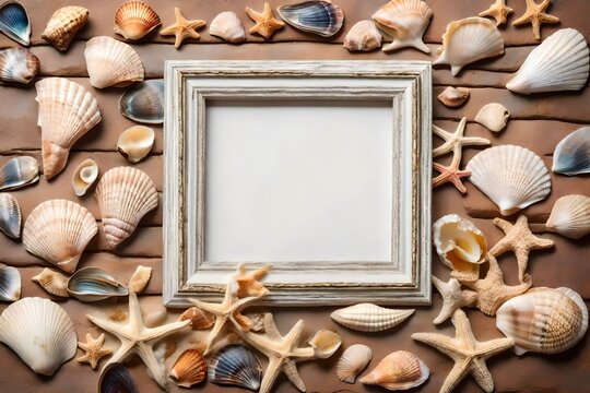 A vintage photo frame suspended on a textured brick wall, adorned with delicate sea shells. 