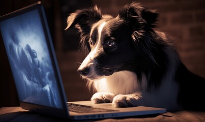 a border collie looking at a laptop, Generative AI - obrazy, fototapety, plakaty