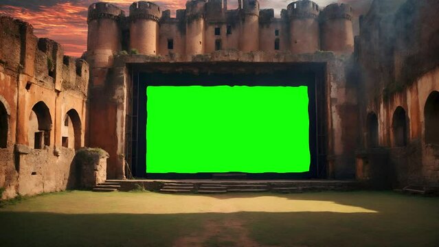 A green screen or chroma key on a large window on a wall in an ancient building in the evening. Animated illustration of slow zooming to replaceable chroma key green screen.