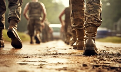 Military Training Ground: Low-Angle Macro Shot of Soldier's Boots on a Muddy Road During Army Training in Boot Camp
