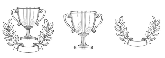 Two Trophy Cup drawings with laurel wreath. Vector Illustration.