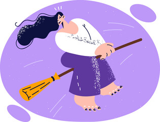 Woman witch flies on broom for cleaning and maintaining cleanliness in apartment and smiles