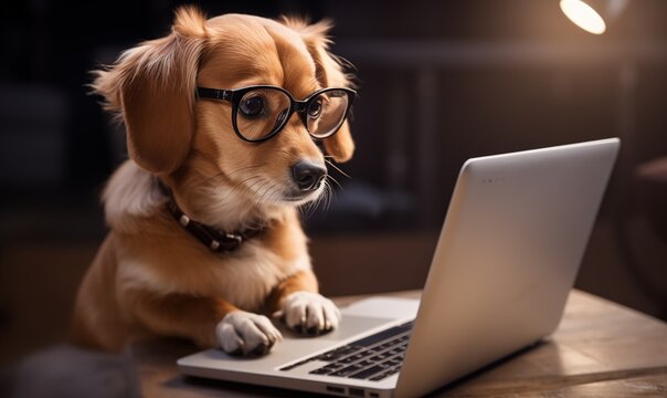 clever dog in glasses working on a laptop. realistic photo