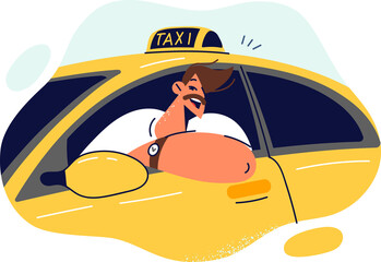 Man taxi driver smiles sitting behind wheel and looking out window of yellow car © Valery