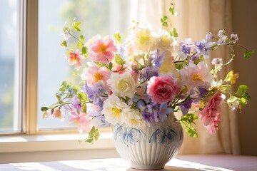 Colorful blossoms arranged in a vintage porcelain vase