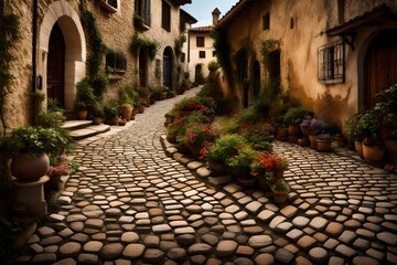 Fototapeta na wymiar meandering pathways with cobbled stones to evoke the charm of old Mediterranean villages