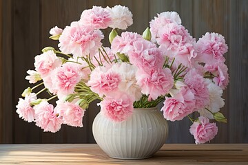 Japanese carnations in a white porcelain vase on a wooden table