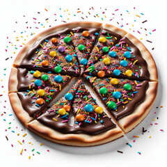 Pizza de Chocolate grande fatiada com granulados coloridos