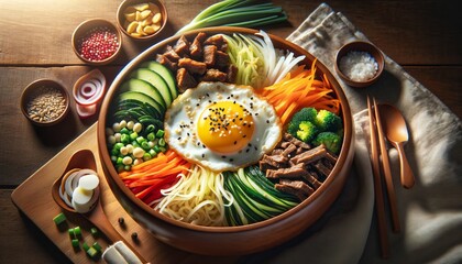 Close-up photograph of Bibimbap, showcasing vibrant colors and diverse ingredients like rice, vegetables, beef, and a fried egg.