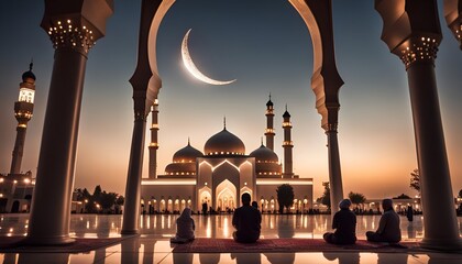 ramadan environment in masjid with people lights moon - obrazy, fototapety, plakaty