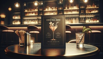 A cocktail menu mockup in an elegant bar setting, featuring a blank menu against a backdrop of bar accessories and glasses. - obrazy, fototapety, plakaty
