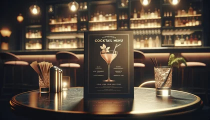 Foto op Plexiglas A cocktail menu mockup in an elegant bar setting, featuring a blank menu against a backdrop of bar accessories and glasses. © Eduardo