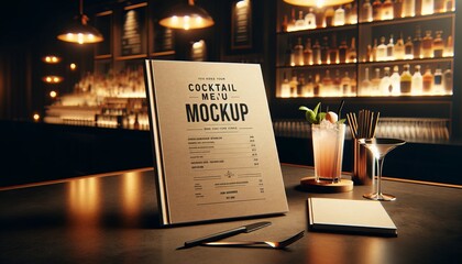 High-quality photograph of a generic cocktail menu set in an inviting bar setting, perfect for design overlays and products.