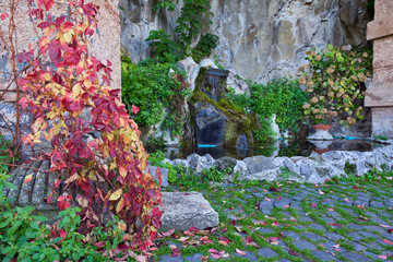 Fountain on a walking path at the village of Nemi, Castelli Romani, Rome, Italy