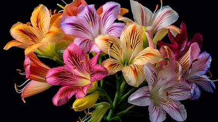 Multicolored alstroemeria flowers in the spring garden. Mother's day concept with a space for a text. Valentine day concept with a copy space.