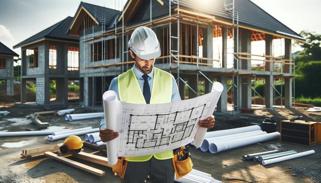 Professional image of an architect at a house construction site, examining blueprints with unfinished structures in the background.