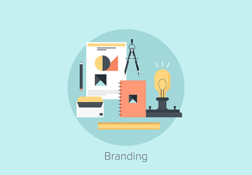 Abstract flat vector illustration of branding and business identity creation concept isolated on blue background.