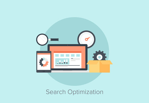 Abstract flat vector illustration of search engine optimization concept isolated on blue background. Design elements for web.