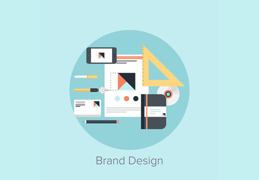 Abstract flat vector illustration of branding and business identity creation concept isolated on blue background.