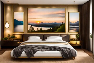 Three elegant golden photo frames are tastefully arranged and hung on a neatly decorated bedroom wall. 