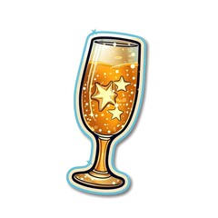 Christmas glass of champagne sticker. Cartoon drink glass of champagne emoji. Bioluminescent Christmas pictures. New Year. Collection of Christmas emoji, logos. Bioluminescent stickers. Generative ai