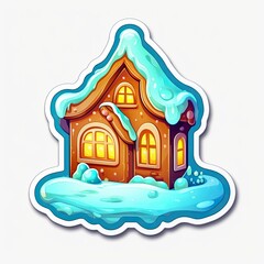 Christmas gingerbread house sticker. Cartoon gingerbread house emoji. Bioluminescent Christmas sweet gingerbread. Collection of Christmas emoticons, logos. Bioluminescent stickers. Generative ai