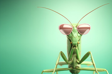 Creative animal concept. Praying mantis insect in sunglass shade glasses isolated on solid pastel background, commercial, editorial advertisement, surreal surrealism - obrazy, fototapety, plakaty