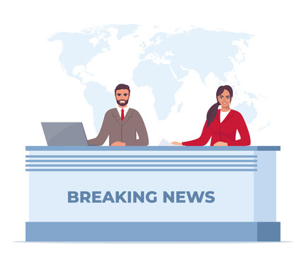 Man and woman in news room. Couple news anchors reporting news in TV studio production presenters on breaking news with world map background. Vector illustration.