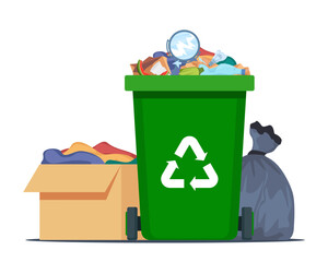 Full garbage bin, black plastic trash bag, paper box with trash. Overflowing recycling container with trash. Green recycle can. Street dump pollution, trashcan basket. Vector illustration. - obrazy, fototapety, plakaty