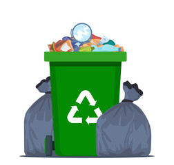 Full garbage bin and black plastic trash bags around. Overflowing recycling container with trash. Green recycle can. Street dump pollution, bin container pile, trashcan basket. Vector illustration.