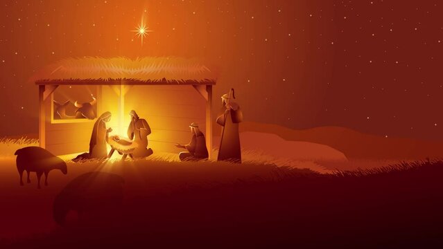 Biblical motion graphics series, nativity scene of The Holy Family in stable for Christmas theme