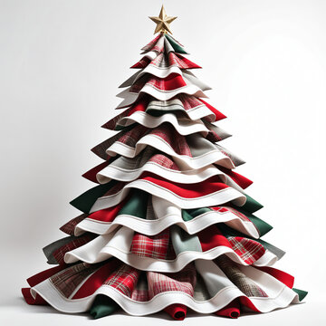 &Aacute;rvore de Natal feita de pano. &Aacute;rvore natalina de tecido, verde e vermelho. Linda &aacute;rvore decorada com fundo branco